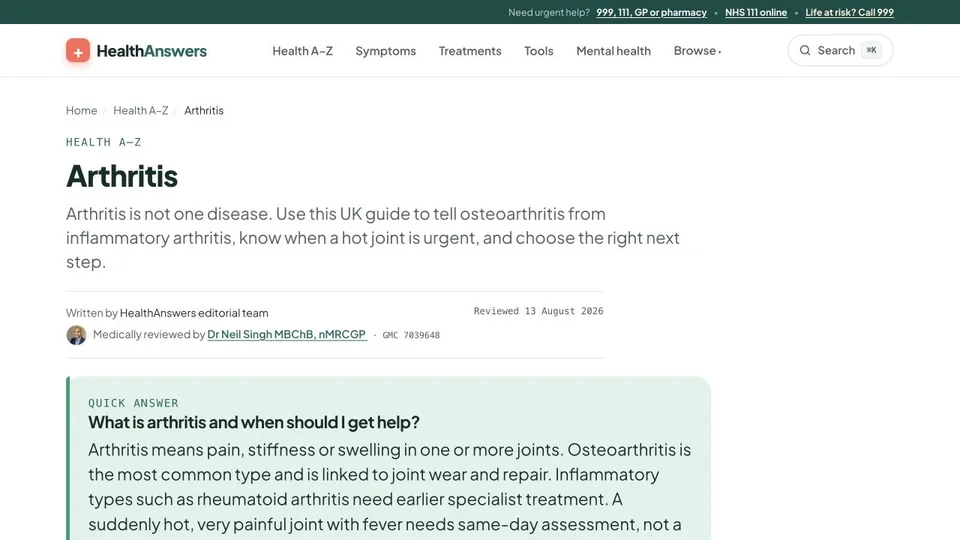 HealthAnswers arthritis article showing its title, author, recorded reviewer and review date