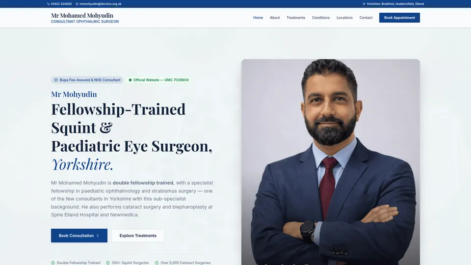 Live website built for Mr Mohamed Mohyudin, consultant ophthalmic surgeon in Yorkshire