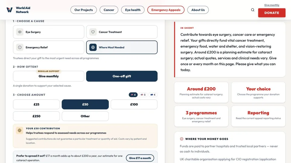 World Aid Network donation page showing cause, frequency and amount choices