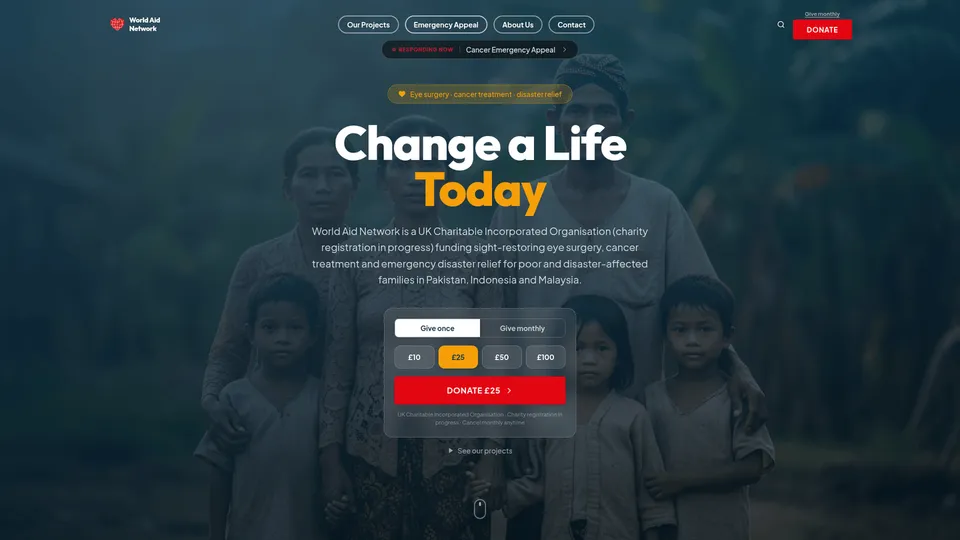 World Aid Network website showing its appeal and donation options
