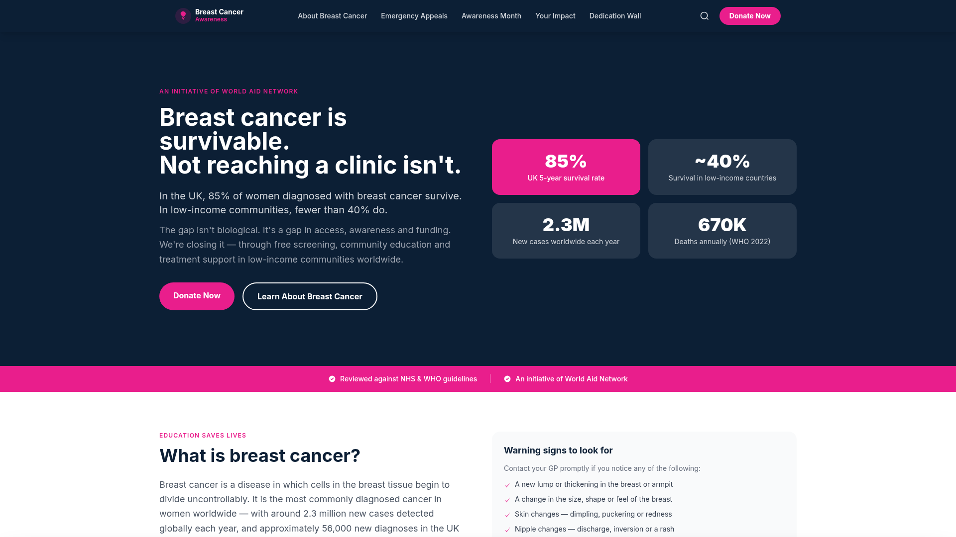 Breast Cancer Charity homepage — an awareness and fundraising initiative with survival statistics and donation prompts