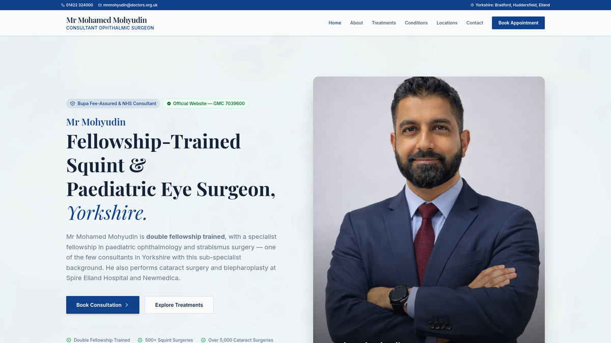 Live website built for Mr Mohamed Mohyudin, consultant ophthalmic surgeon in Yorkshire