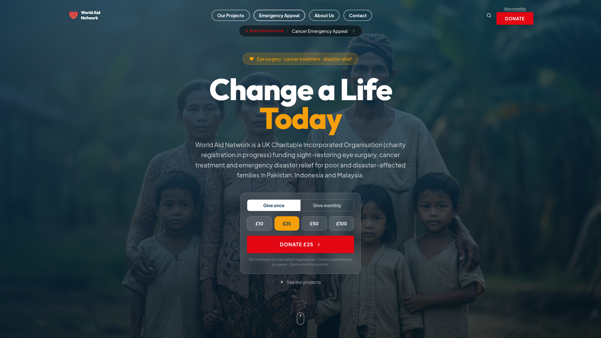 World Aid Network homepage — a UK humanitarian organisation funding eye surgery, cancer treatment and disaster relief